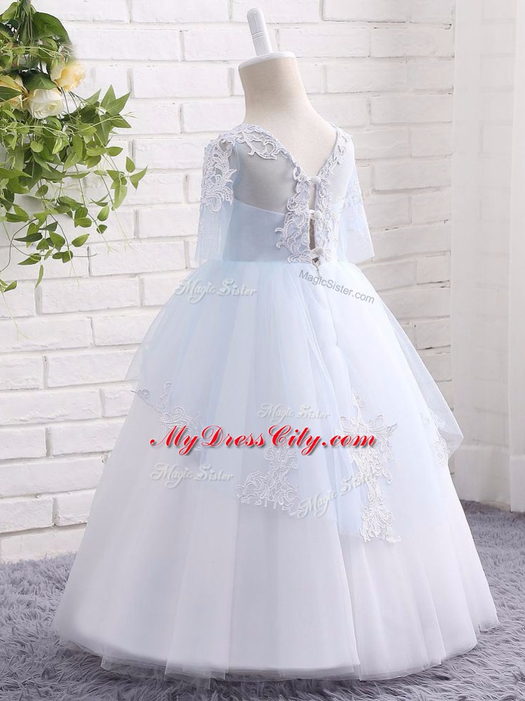 Sweet Floor Length Blue And White Child Pageant Dress Tulle Half Sleeves Appliques