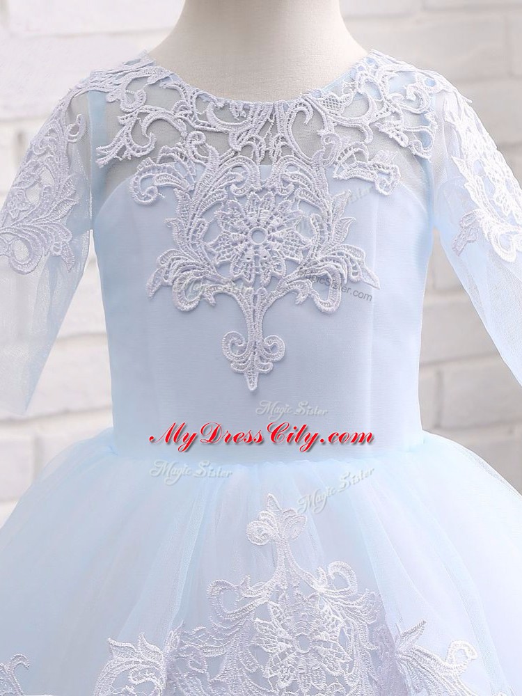 Sweet Floor Length Blue And White Child Pageant Dress Tulle Half Sleeves Appliques