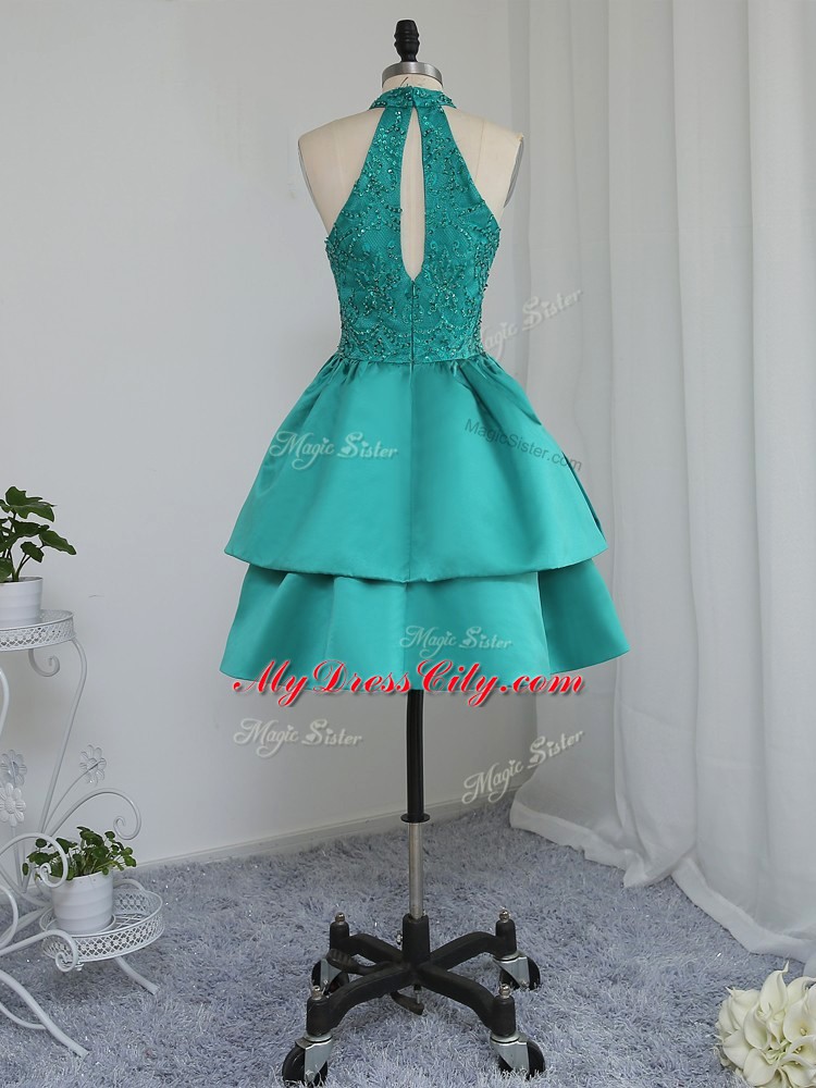 High Quality Turquoise Prom Evening Gown Prom and Party and Sweet 16 with Lace and Appliques High-neck Sleeveless Zipper