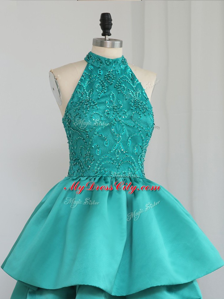 High Quality Turquoise Prom Evening Gown Prom and Party and Sweet 16 with Lace and Appliques High-neck Sleeveless Zipper