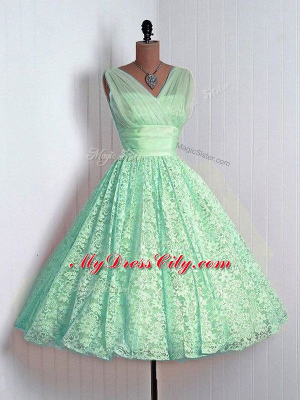 Apple Green Bridesmaid Gown Prom and Party and Wedding Party with Lace V-neck Sleeveless Lace Up