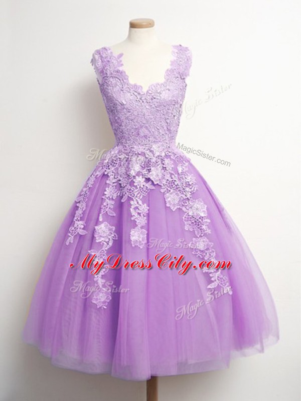 Lilac Dama Dress Prom and Party and Wedding Party with Appliques V-neck Sleeveless Lace Up
