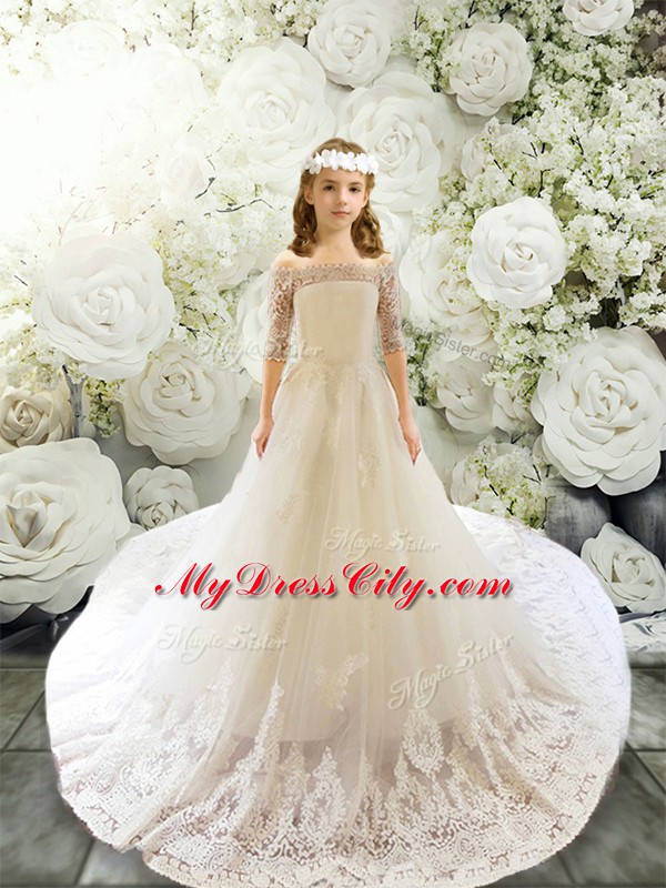 Wonderful Half Sleeves Tulle Court Train Clasp Handle Flower Girl Dress in White with Lace