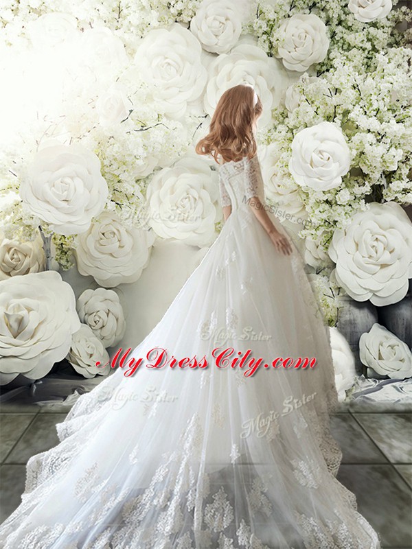 Wonderful Half Sleeves Tulle Court Train Clasp Handle Flower Girl Dress in White with Lace