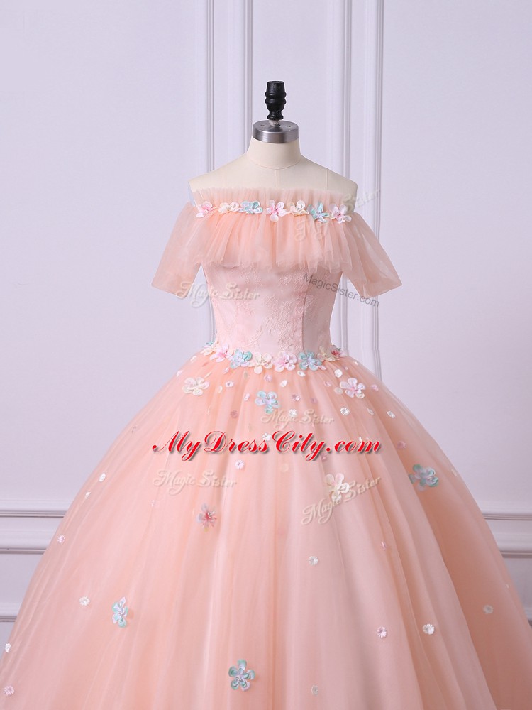 Ideal Floor Length Ball Gowns Short Sleeves Peach Sweet 16 Dress Lace Up