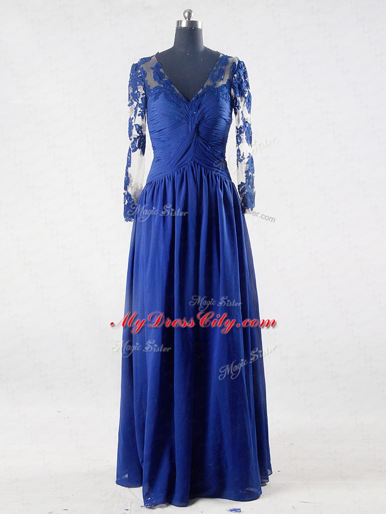 Fabulous Blue Empire V-neck Long Sleeves Chiffon Floor Length Zipper Lace and Appliques Mother Dresses