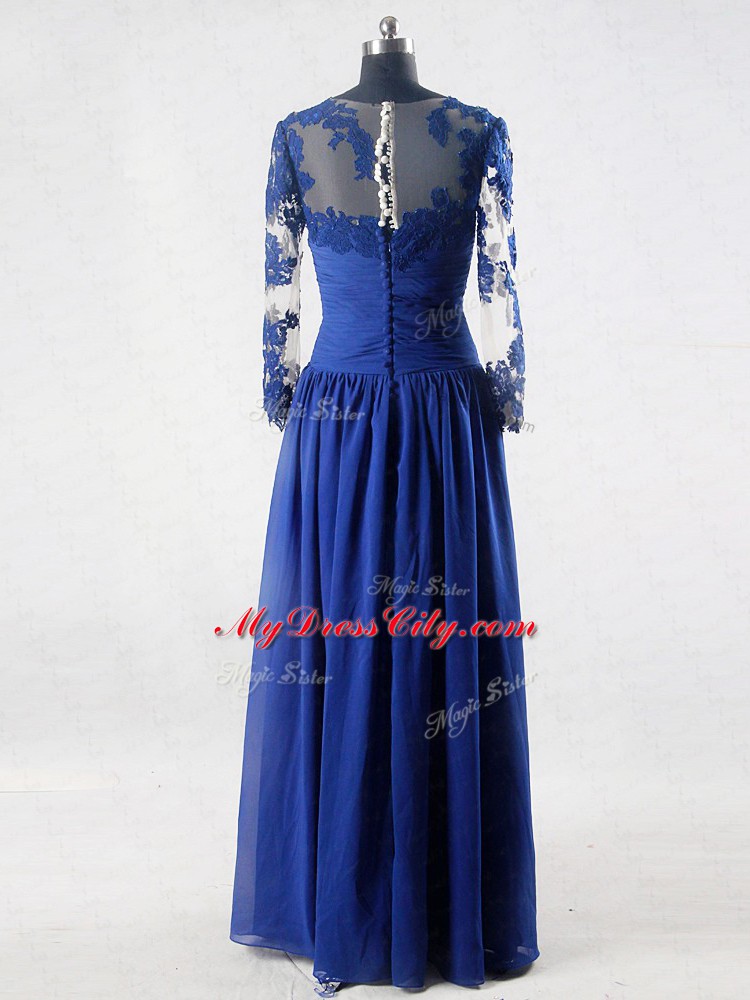 Fabulous Blue Empire V-neck Long Sleeves Chiffon Floor Length Zipper Lace and Appliques Mother Dresses