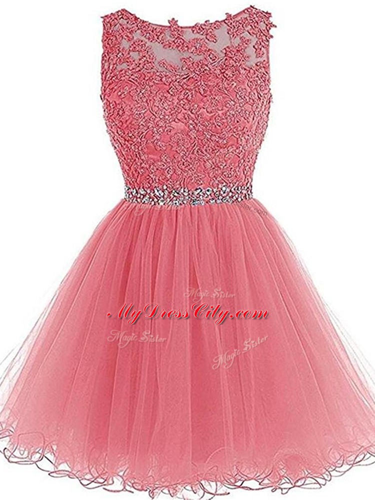 Customized Scoop Sleeveless Prom Dresses Mini Length Beading and Lace and Appliques and Ruffles Pink Tulle