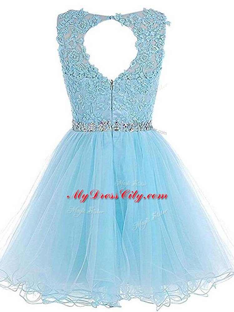 Customized Scoop Sleeveless Prom Dresses Mini Length Beading and Lace and Appliques and Ruffles Pink Tulle