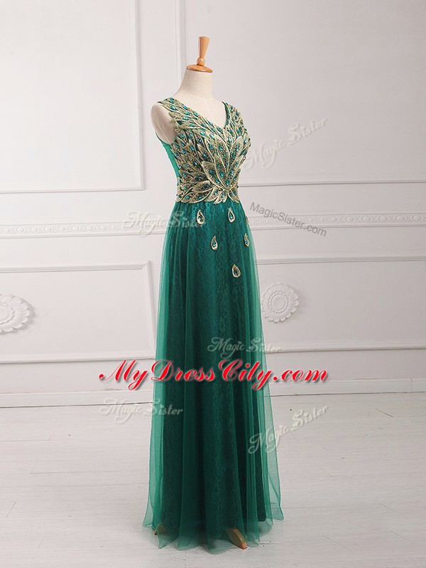 Designer Dark Green Prom Gown Prom and Party and Military Ball with Lace V-neck Sleeveless Zipper