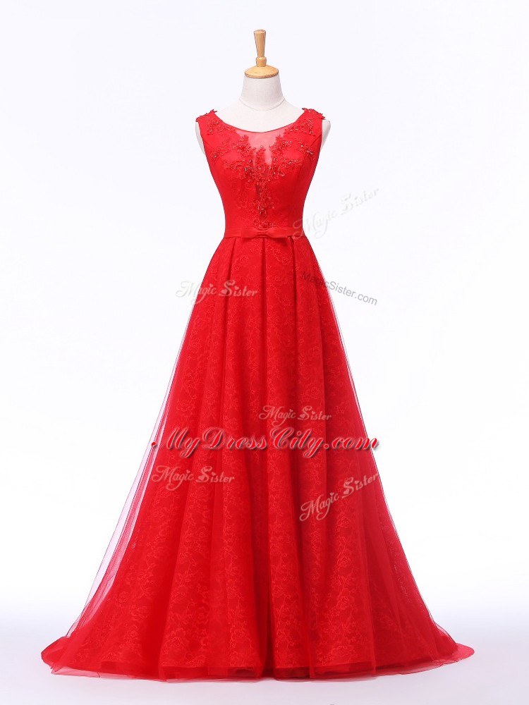 Red Lace Up Scoop Lace and Appliques and Belt Evening Wear Tulle Sleeveless Brush Train