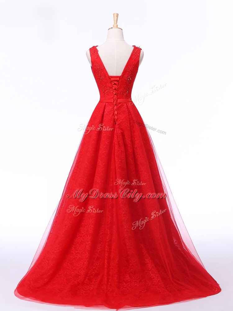Red Lace Up Scoop Lace and Appliques and Belt Evening Wear Tulle Sleeveless Brush Train