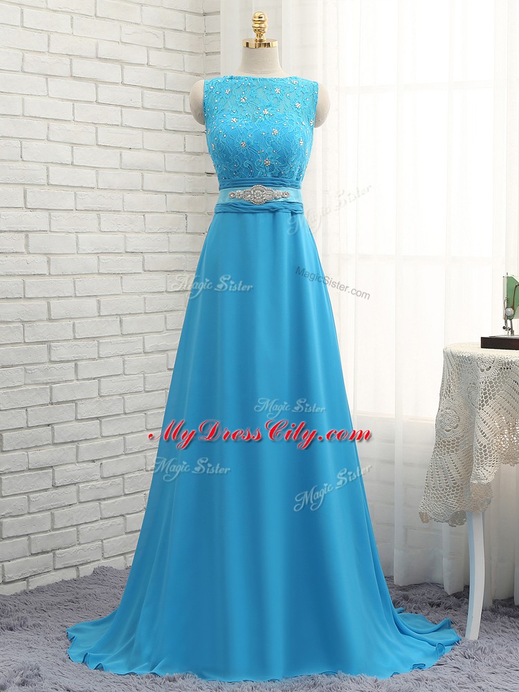 Sleeveless Beading and Lace Zipper Dama Dress for Quinceanera with Baby Blue Brush Train