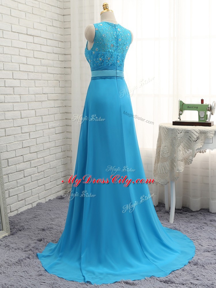 Sleeveless Beading and Lace Zipper Dama Dress for Quinceanera with Baby Blue Brush Train