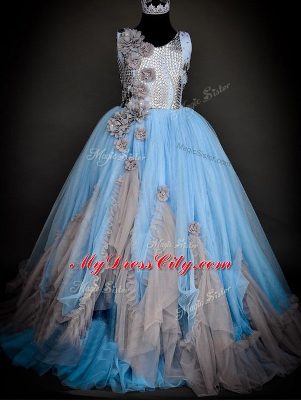 Light Blue Sleeveless Floor Length Sequins and Hand Made Flower Backless Pageant Gowns For Girls