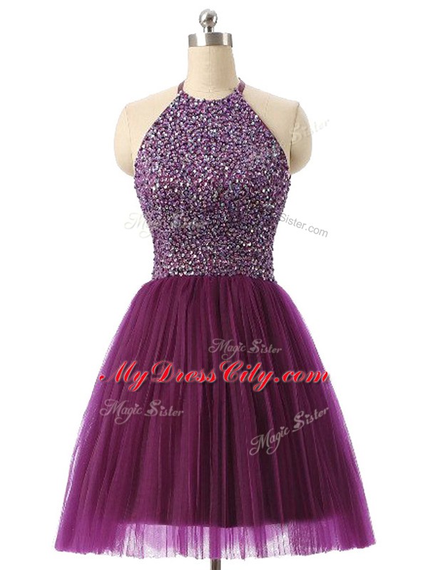 Super Dark Purple A-line Tulle Halter Top Sleeveless Beading and Sequins Mini Length Backless Prom Dresses