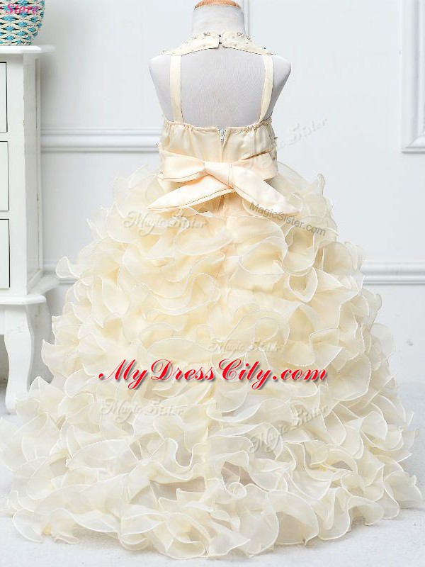 Champagne Ball Gowns Beading and Ruffles Little Girl Pageant Gowns Zipper Organza Sleeveless High Low