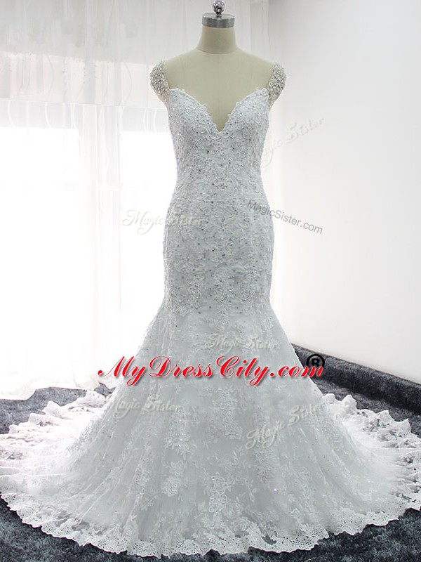 Dazzling White Straps Backless Beading and Lace and Appliques Wedding Gown Cap Sleeves