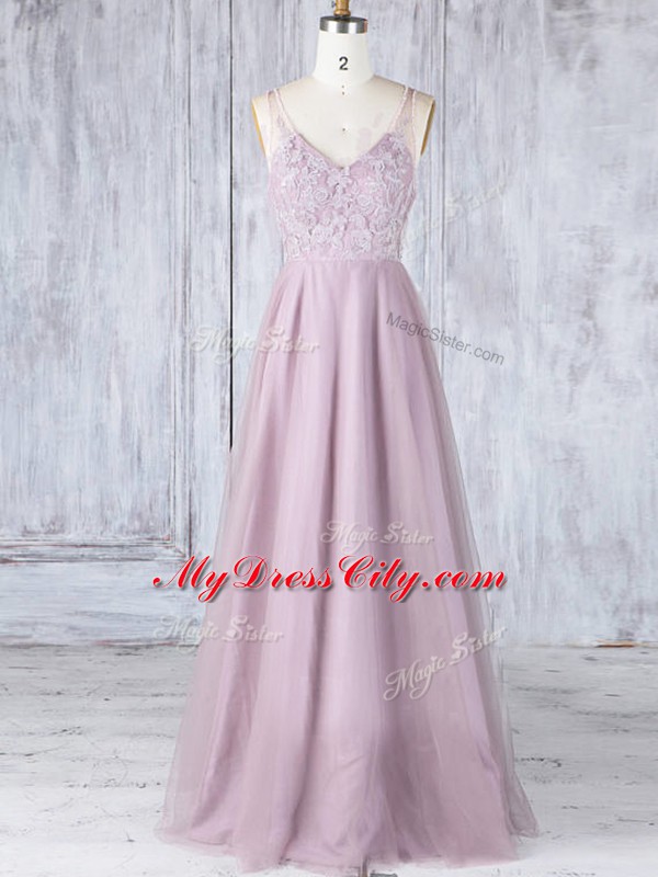 Cheap Pink V-neck Neckline Lace Bridesmaid Gown Sleeveless Clasp Handle
