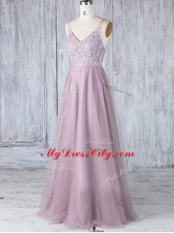 Cheap Pink V-neck Neckline Lace Bridesmaid Gown Sleeveless Clasp Handle