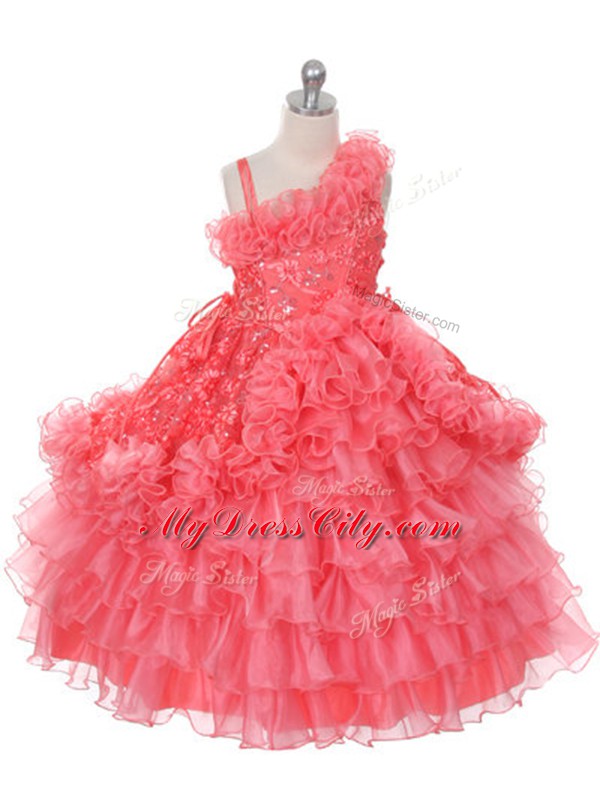 High Class Watermelon Red Child Pageant Dress Wedding Party with Lace and Ruffles and Ruffled Layers Asymmetric Sleeveless Lace Up