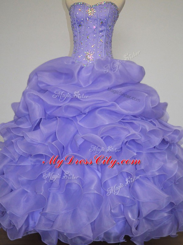 Trendy Lavender Ball Gowns Organza Sweetheart Sleeveless Beading and Ruffles and Pick Ups Floor Length Lace Up Quinceanera Dress
