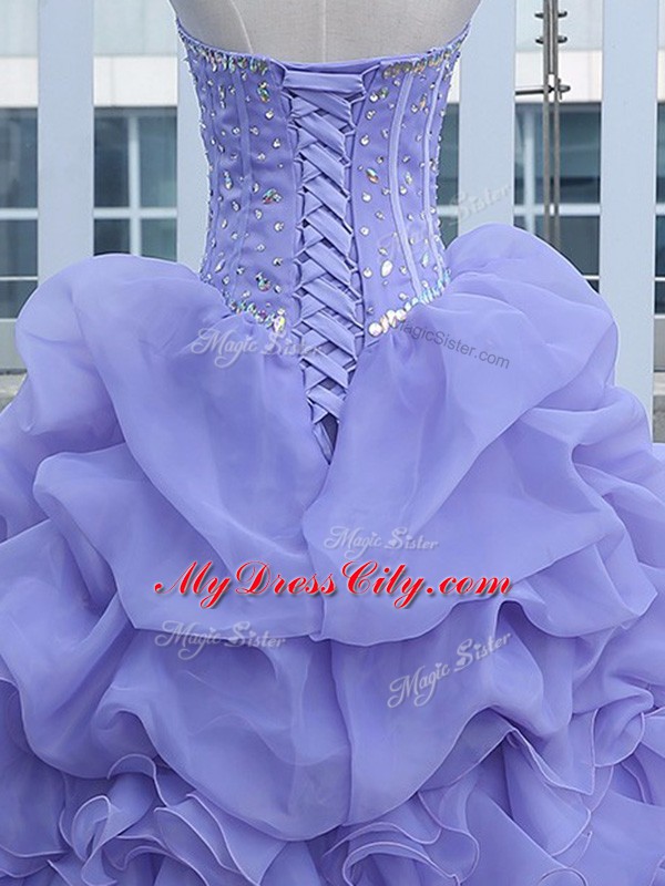 Trendy Lavender Ball Gowns Organza Sweetheart Sleeveless Beading and Ruffles and Pick Ups Floor Length Lace Up Quinceanera Dress