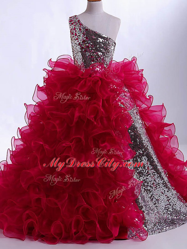 Latest Wine Red Ball Gowns Ruffles and Sequins Little Girl Pageant Dress Zipper Organza and Sequined Sleeveless Floor Length