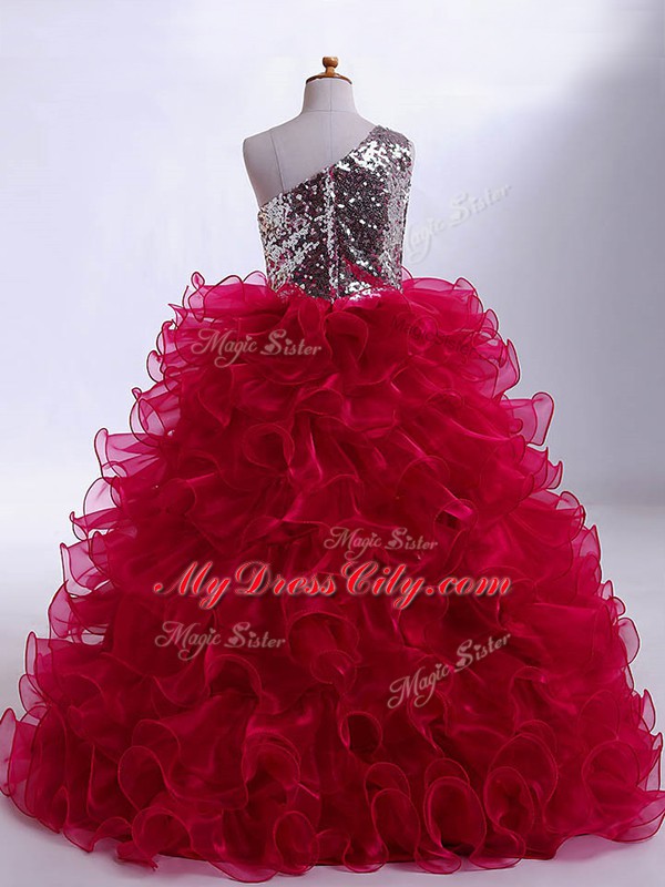 Latest Wine Red Ball Gowns Ruffles and Sequins Little Girl Pageant Dress Zipper Organza and Sequined Sleeveless Floor Length