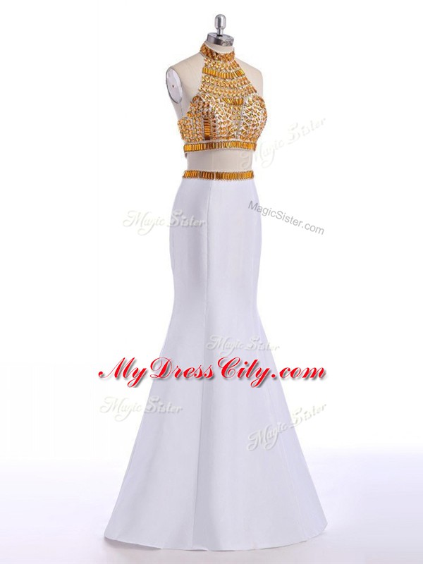 Dramatic White Sleeveless Floor Length Beading Lace Up Prom Dress
