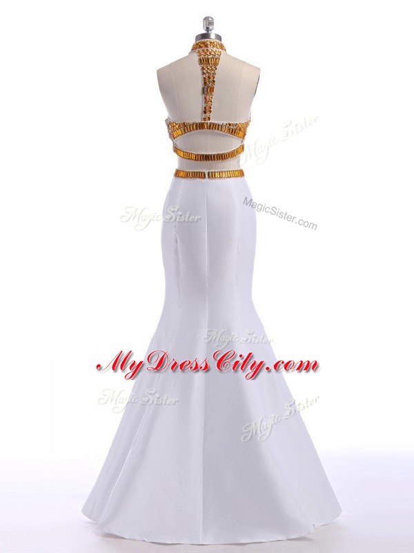 Dramatic White Sleeveless Floor Length Beading Lace Up Prom Dress