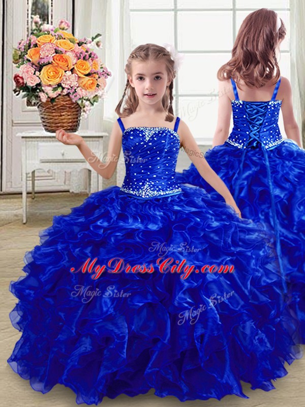 Organza Straps Sleeveless Lace Up Beading and Ruffles Little Girls Pageant Dress in Royal Blue