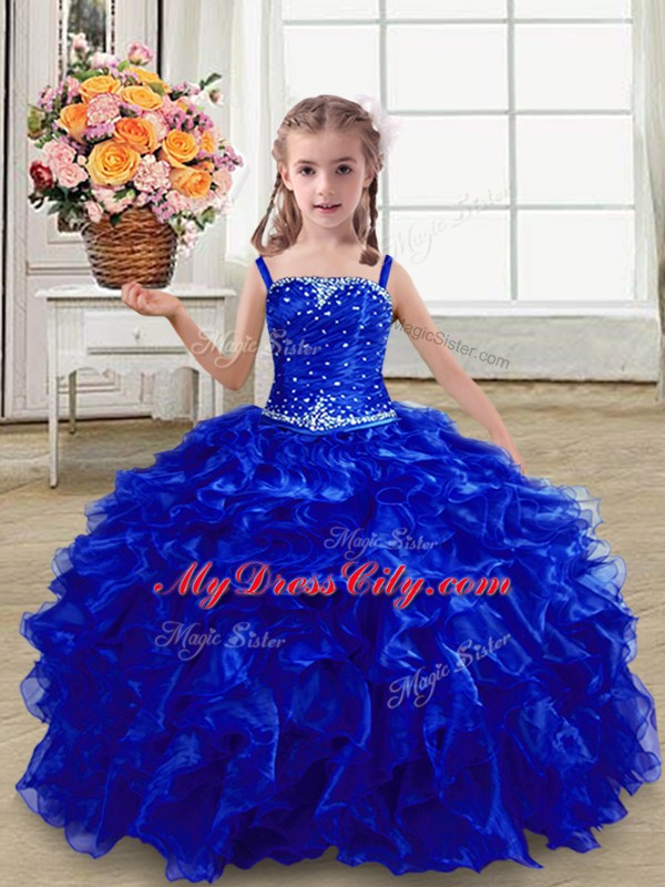Organza Straps Sleeveless Lace Up Beading and Ruffles Little Girls Pageant Dress in Royal Blue