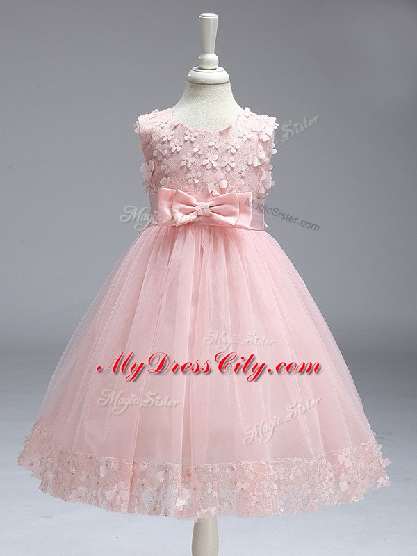 Baby Pink Toddler Flower Girl Dress Wedding Party with Lace and Bowknot Scoop Sleeveless Zipper