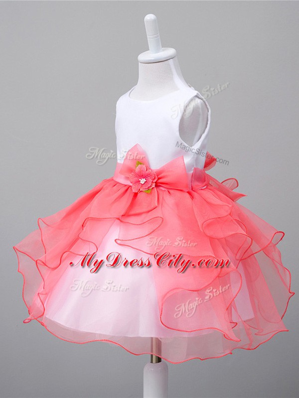 Customized White And Red Pageant Gowns For Girls Wedding Party with Ruffles and Bowknot Scoop Sleeveless Zipper