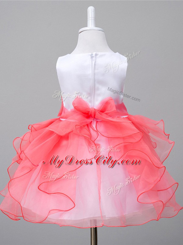 Customized White And Red Pageant Gowns For Girls Wedding Party with Ruffles and Bowknot Scoop Sleeveless Zipper