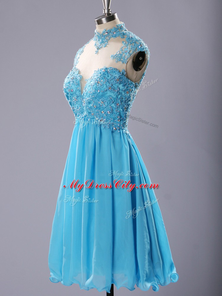 Ideal Knee Length Baby Blue Cocktail Dresses Highneck Sleeveless Zipper