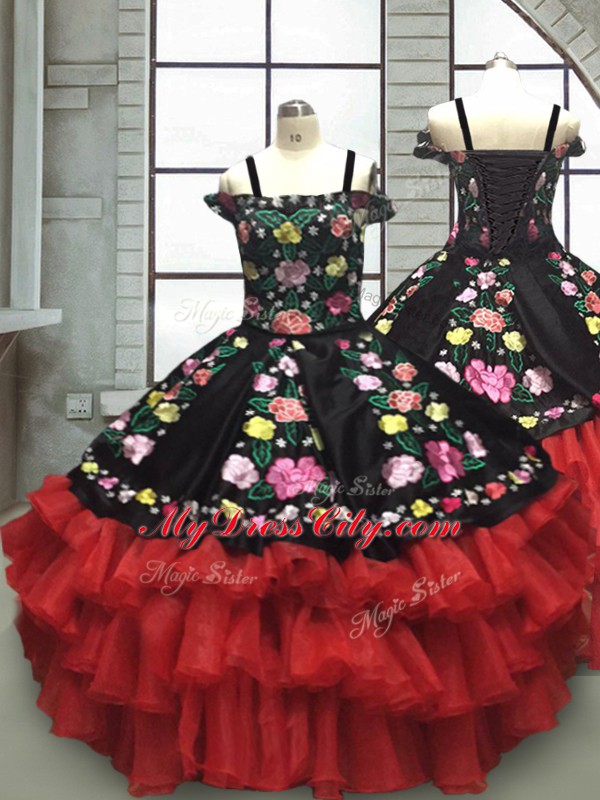 Red And Black Ball Gowns Organza and Taffeta Off The Shoulder Sleeveless Embroidery and Ruffled Layers Floor Length Lace Up 15th Birthday Dress