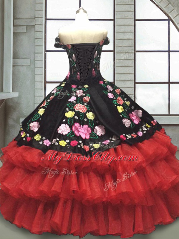 Red And Black Ball Gowns Organza and Taffeta Off The Shoulder Sleeveless Embroidery and Ruffled Layers Floor Length Lace Up 15th Birthday Dress