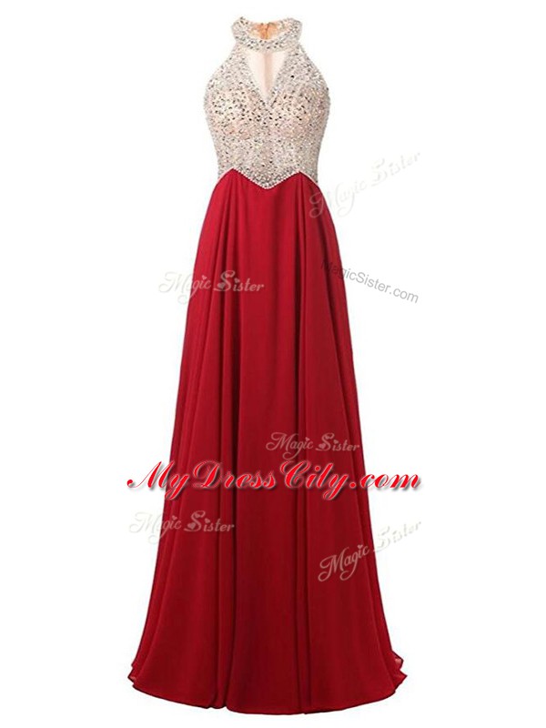 Excellent Sleeveless Floor Length Beading Zipper Dress for Prom with Wine Red