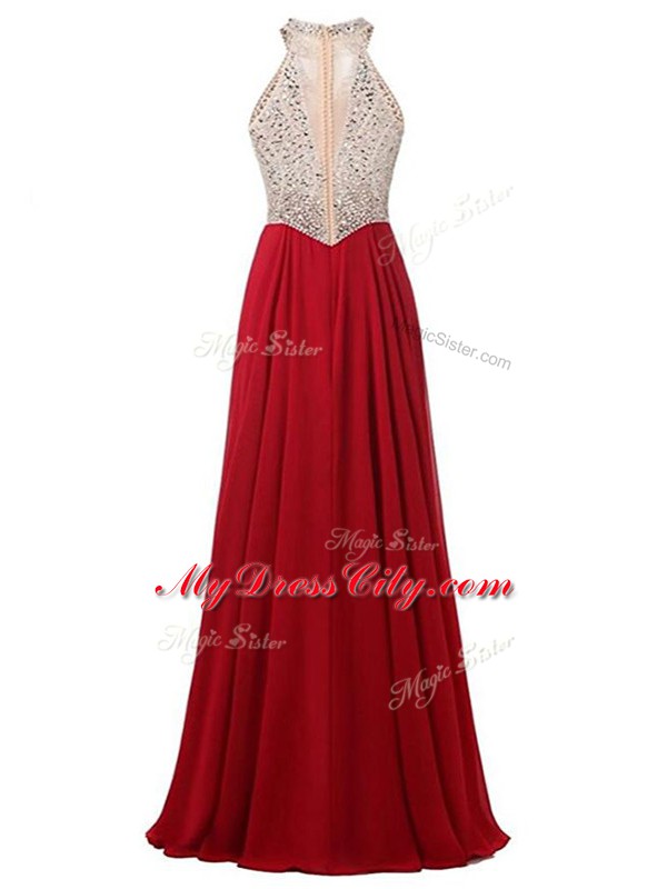 Excellent Sleeveless Floor Length Beading Zipper Dress for Prom with Wine Red