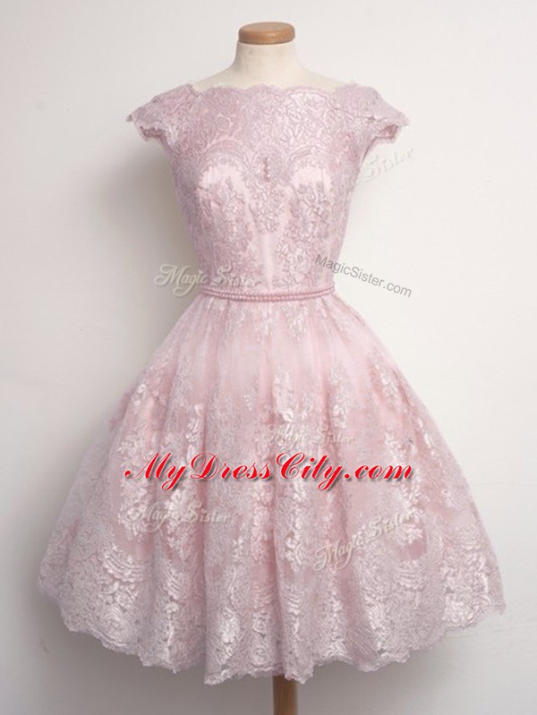 Baby Pink Scalloped Lace Up Lace Quinceanera Court of Honor Dress Cap Sleeves