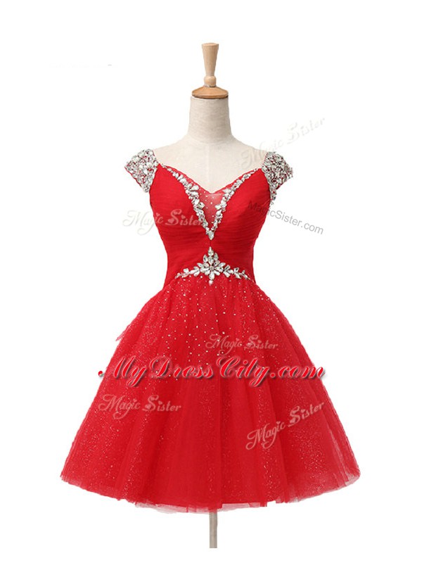 Chic Cap Sleeves Tulle Mini Length Lace Up Prom Party Dress in Red with Beading and Sequins