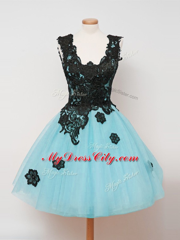 Luxury Ball Gowns Quinceanera Court Dresses Aqua Blue Straps Tulle Sleeveless Knee Length Zipper