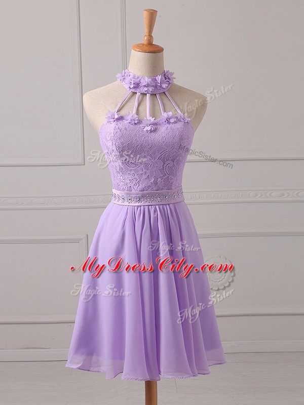 Chic Lavender Sleeveless Mini Length Lace and Appliques Lace Up Vestidos de Damas
