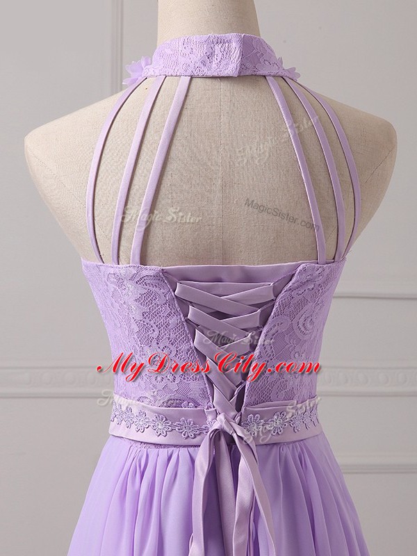 Chic Lavender Sleeveless Mini Length Lace and Appliques Lace Up Vestidos de Damas