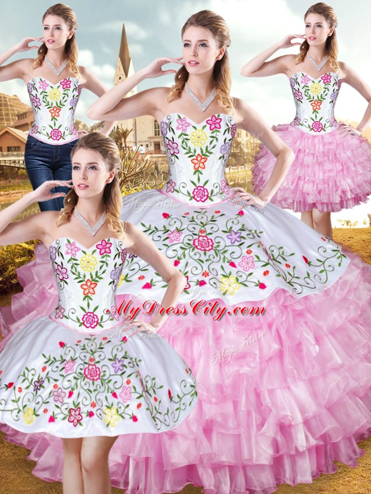 Rose Pink Sleeveless Embroidery and Ruffled Layers Floor Length 15 Quinceanera Dress
