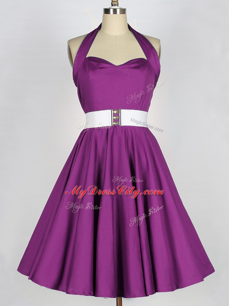 Classical Purple Sleeveless Knee Length Belt Lace Up Court Dresses for Sweet 16