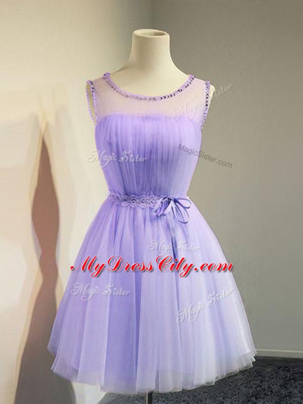 Traditional Tulle Scoop Sleeveless Lace Up Belt Bridesmaids Dress in Lavender