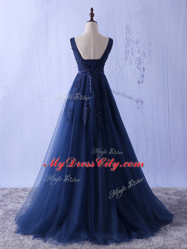Sleeveless Lace Up Floor Length Appliques